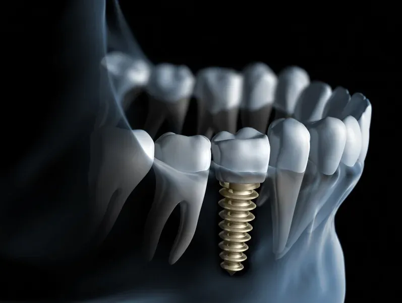 Illustration of a titanium dental implant post sitting in the jawbone between natural teeth