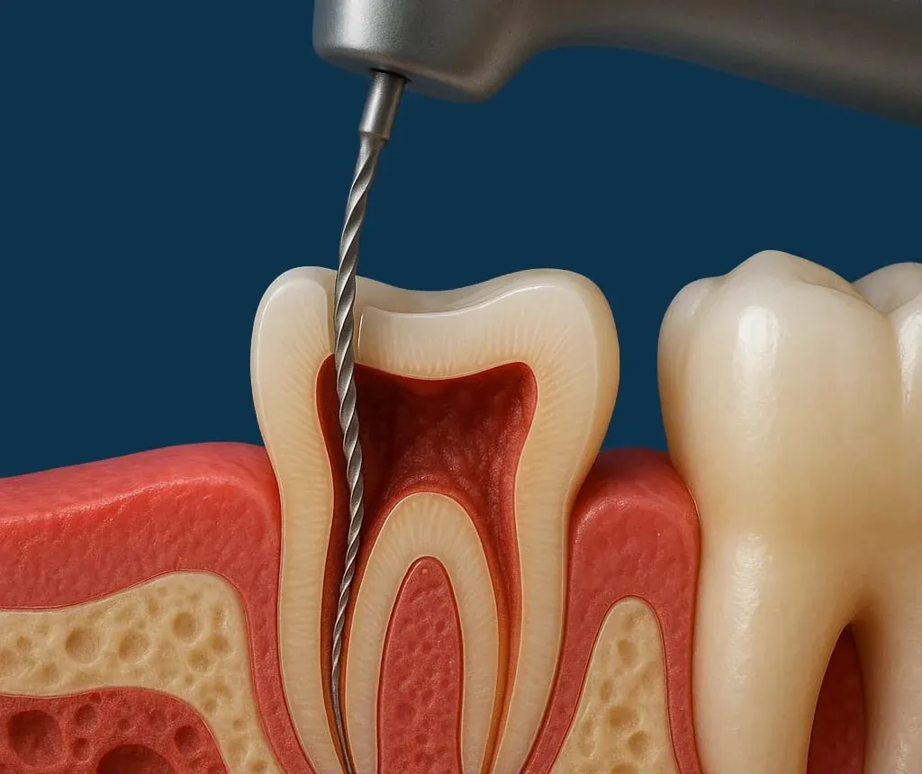 Cross-section illustration of a molar with a fine dental file cleaning the root canals